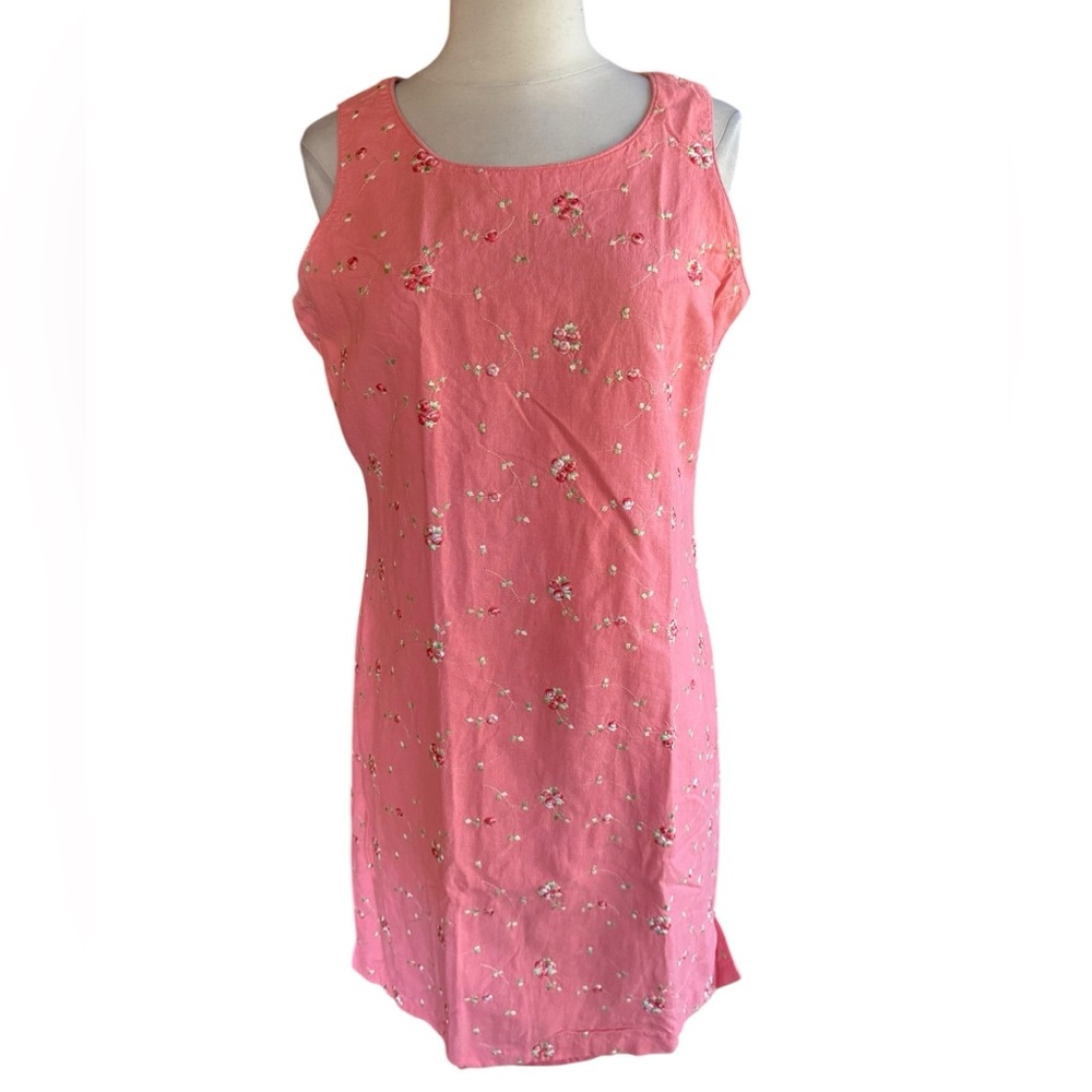1990s Studio C Floral Embroidered Salmon Linen/Rayon‎ Blend Cottagecore Dress